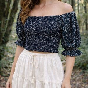 Joyfolie Floral Puff Sleeve Boho Cropped Long Sleeve Blouse Size Medium